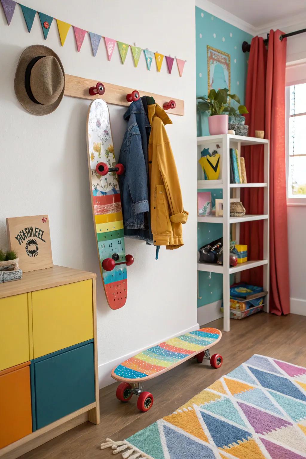 A skateboard creatively repurposed as a quirky clothes hanger.