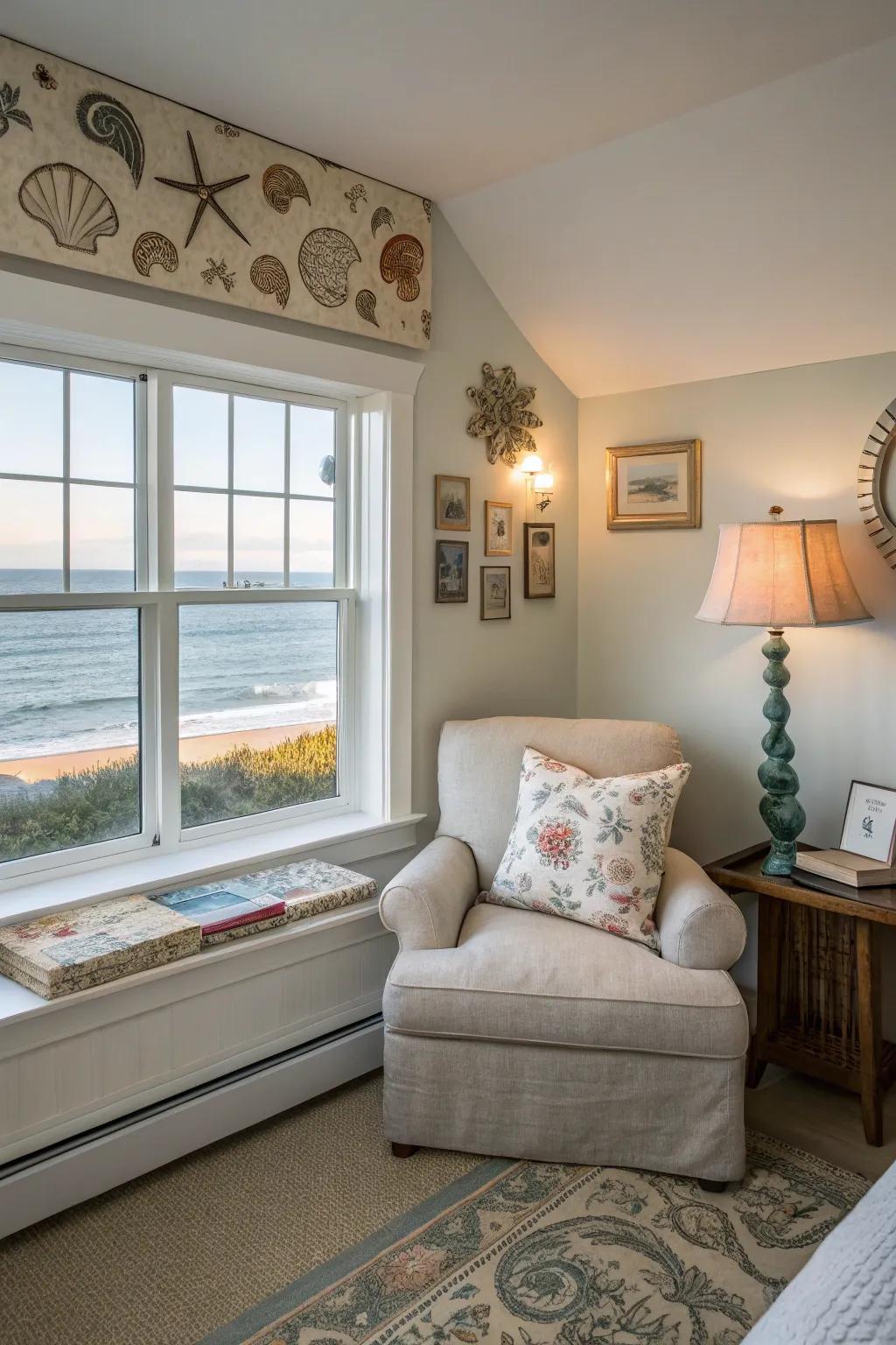 A reading nook adds a personal and cozy touch to the bedroom.