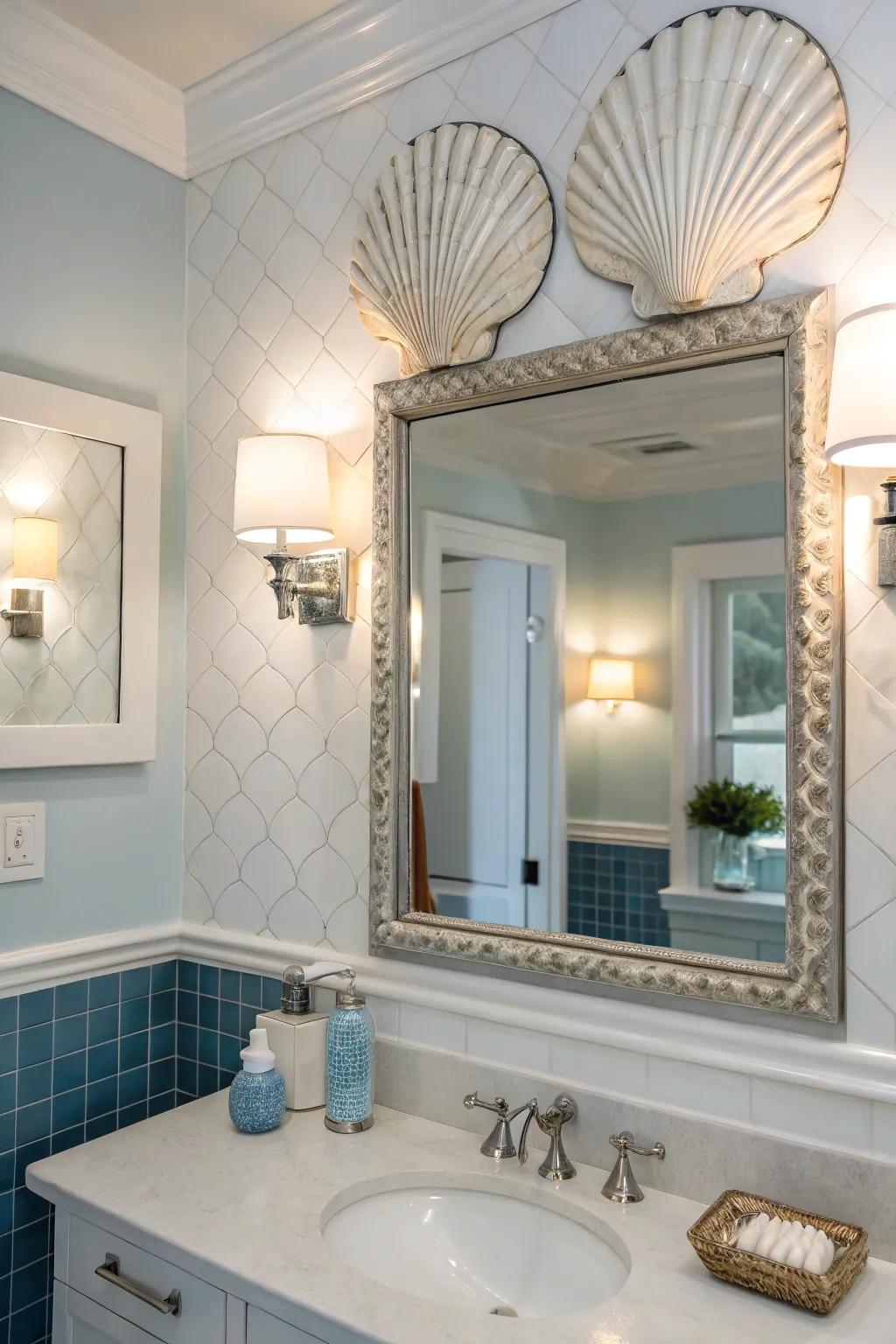 Seashell wall sconces bring whimsical coastal beauty to your bathroom.