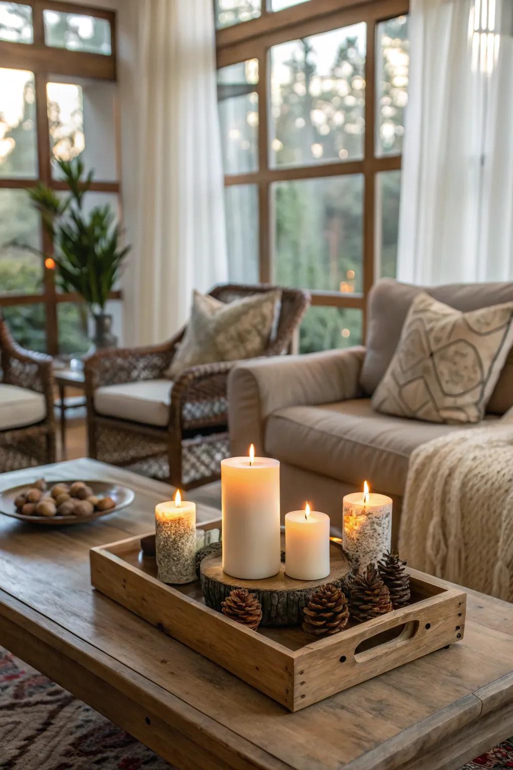 Organic candles provide natural light on the coffee table.