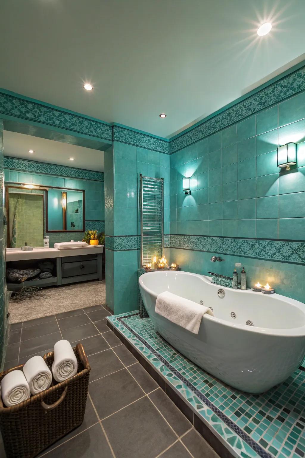 A serene bathroom with refreshing teal hues.