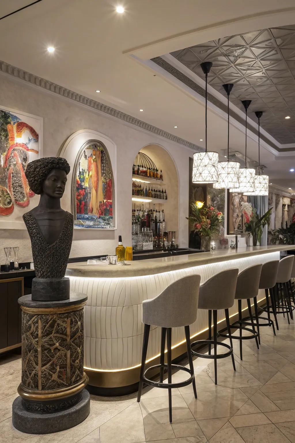 A salon bar with sculptural elements, adding an artistic flair to the setting.