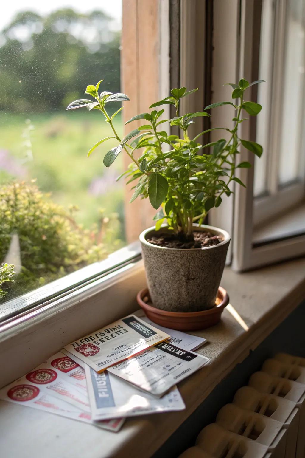 A potted plant cleverly hiding concert tickets beneath it.