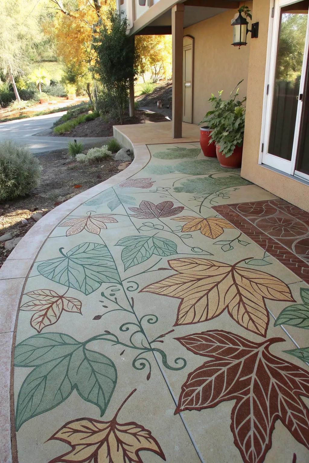 Seamlessly blend your outdoor space with nature using elegant leaf motifs in earthy tones.