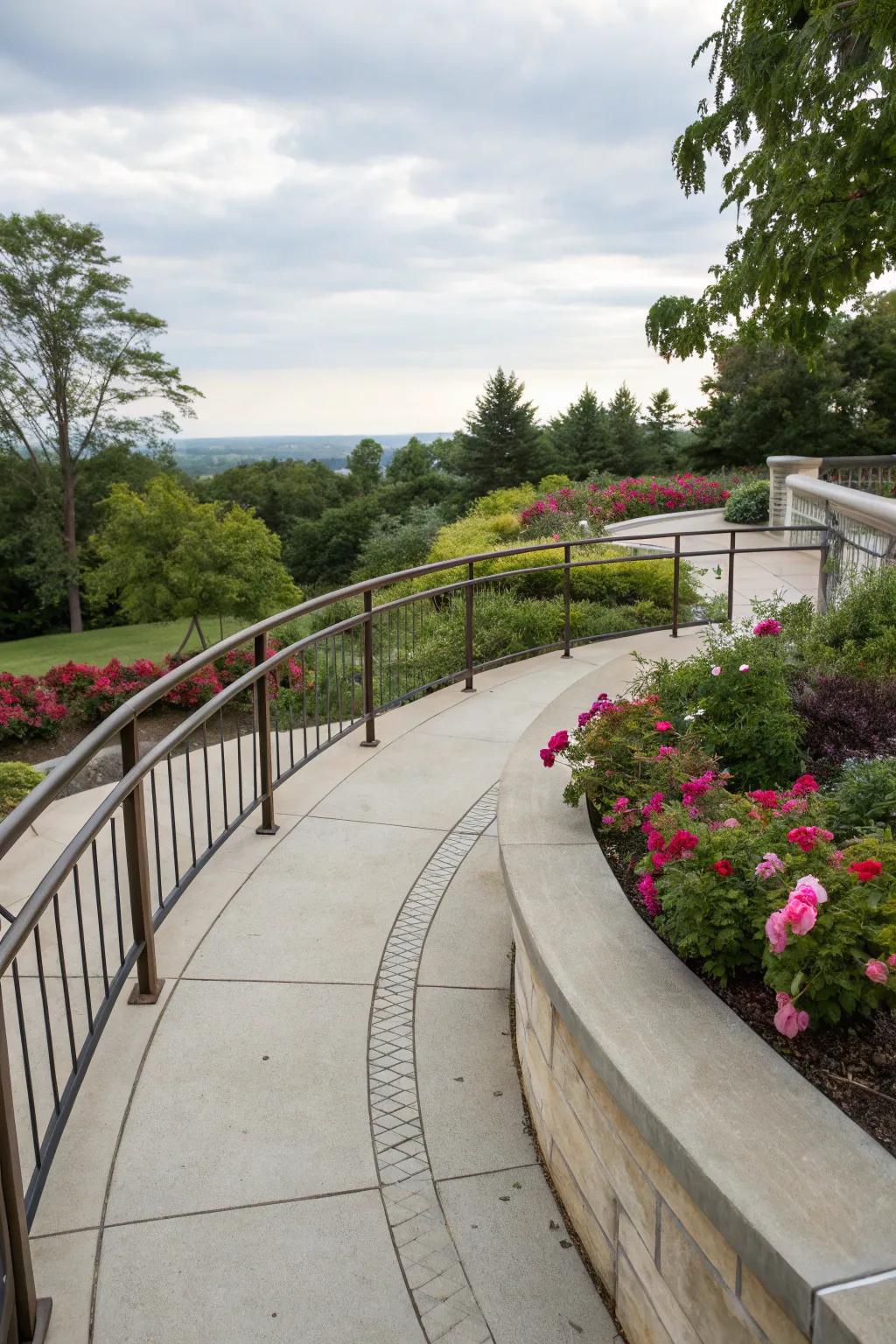 Curved railings soften the lines of concrete patios.