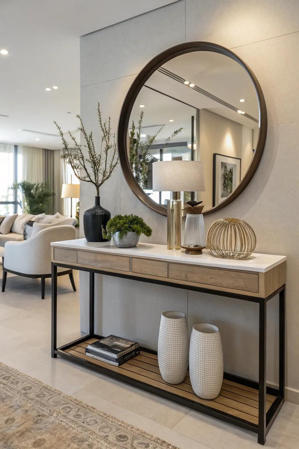 A round mirror contrasts beautifully with this rectangular console table.