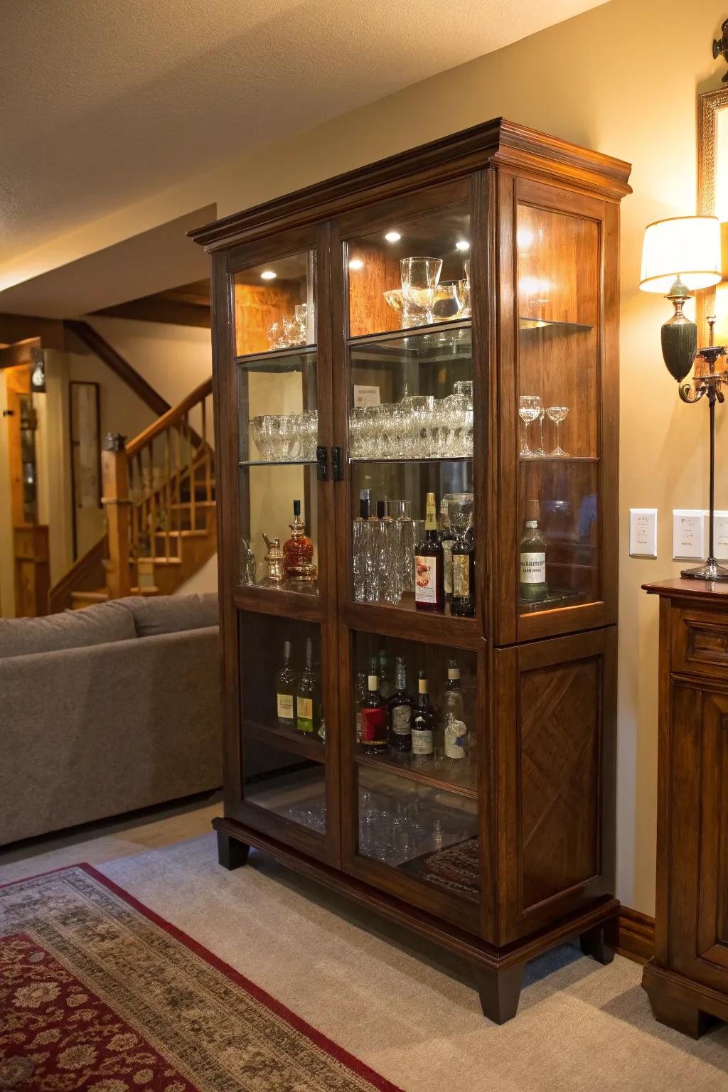 A charming home bar repurposed from a vintage cabinet.