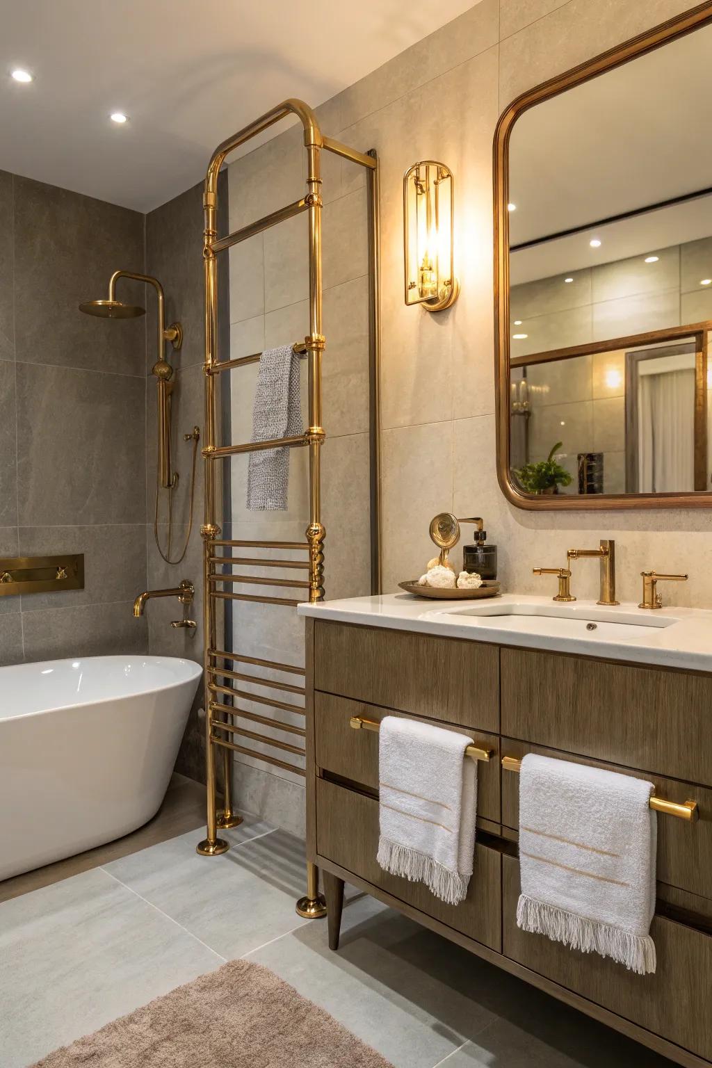 Metallic accents add warmth and glamour to the bathroom.