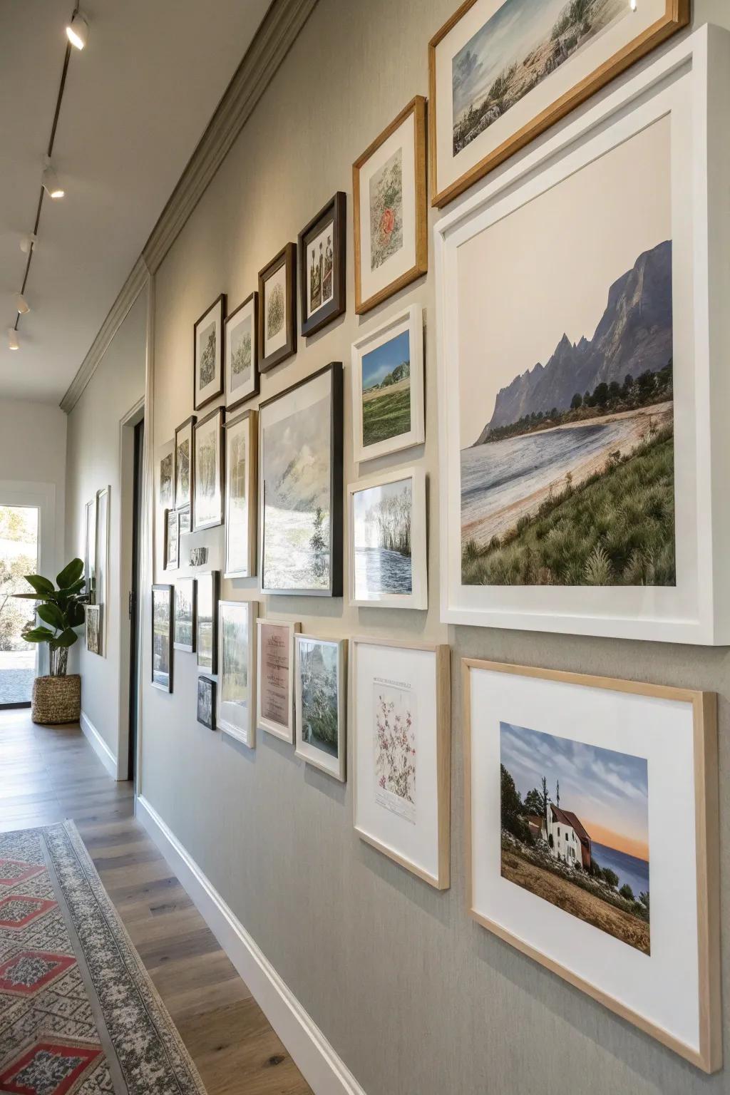 Collection of art prints from a subscription service on a gallery wall.