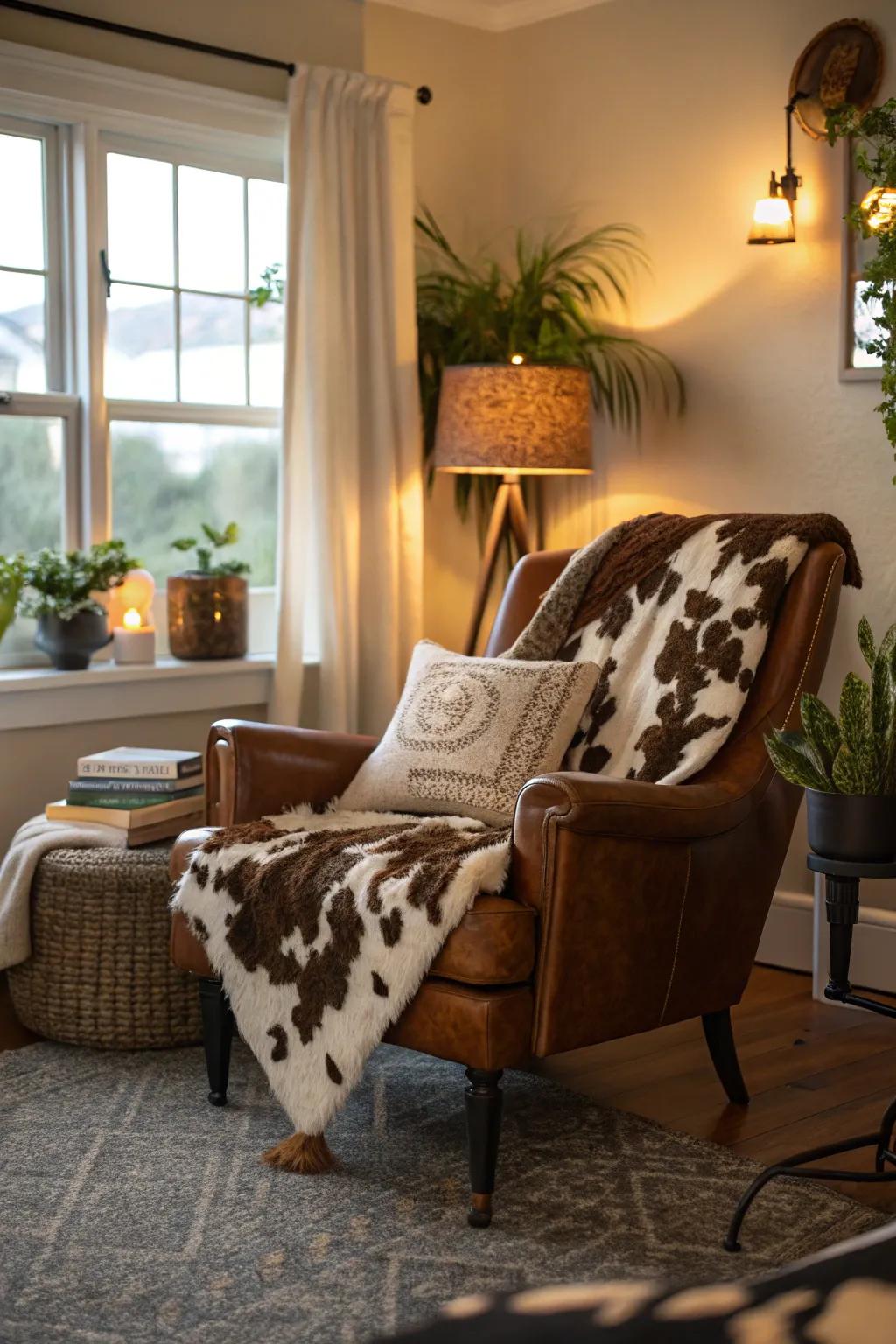 A cowhide throw adds warmth and style effortlessly.