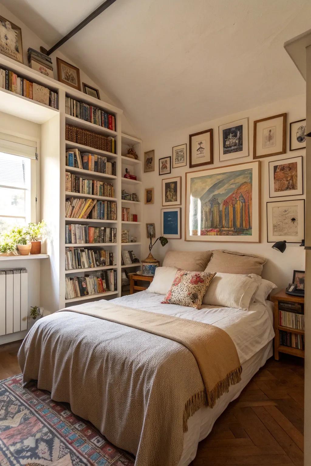 Books and art personalize this cozy bedroom.