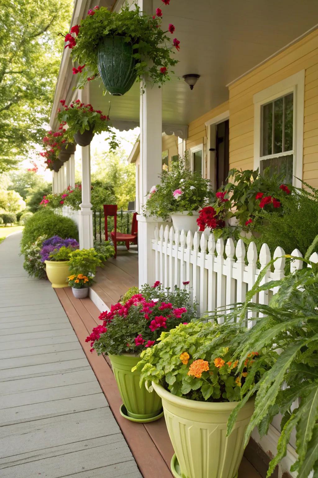 Colorful planters add vibrancy and personality to a porch.