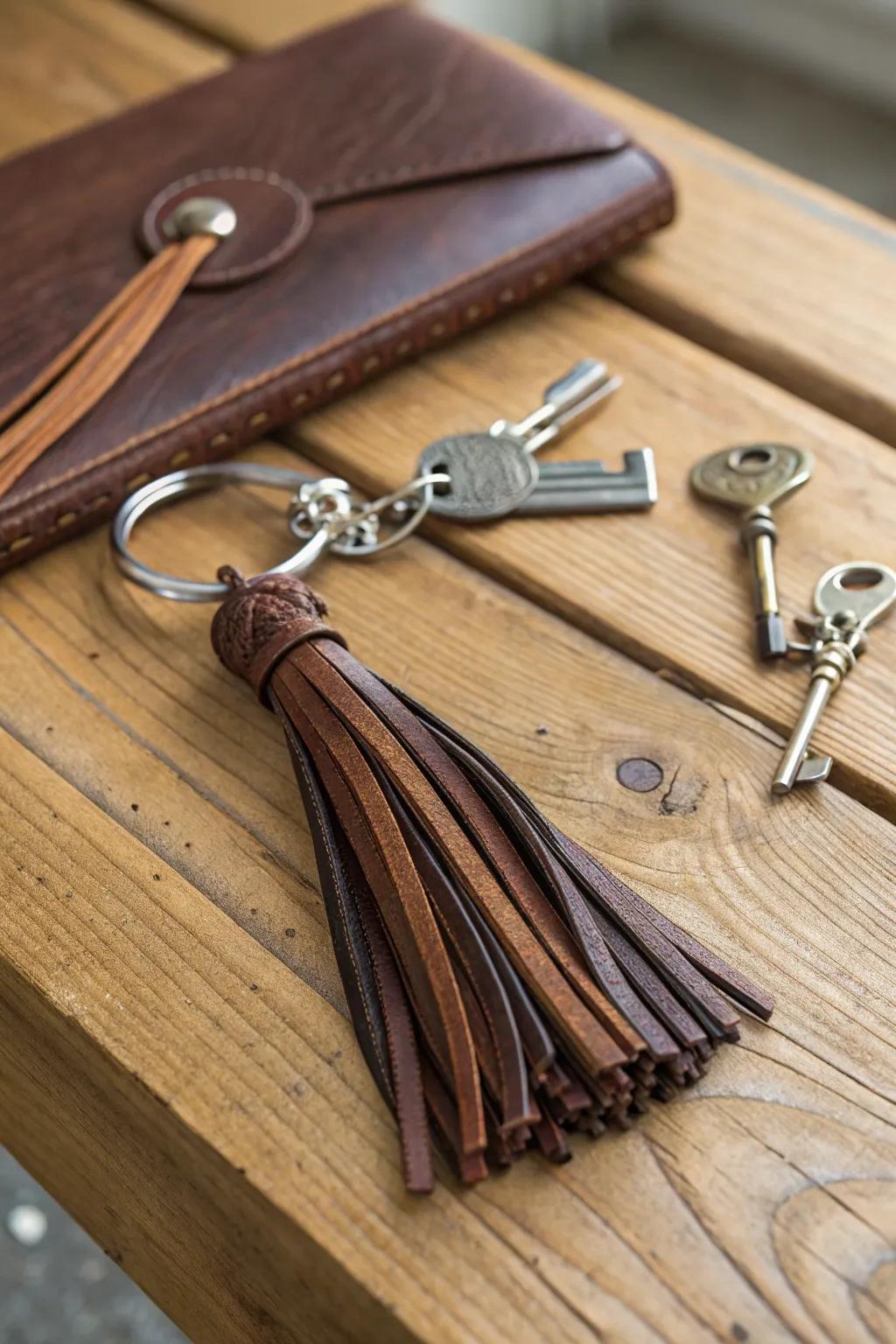 A stylish leather tassel keychain, a perfect blend of practicality and elegance.