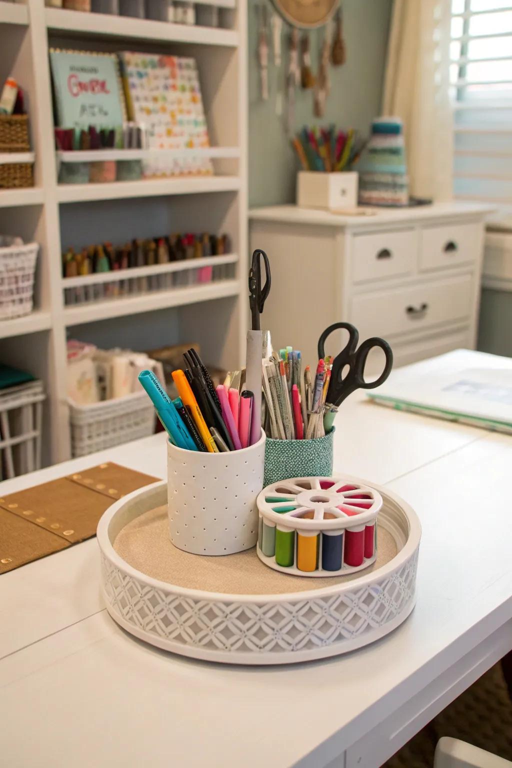 A Lazy Susan keeps frequently used supplies handy.