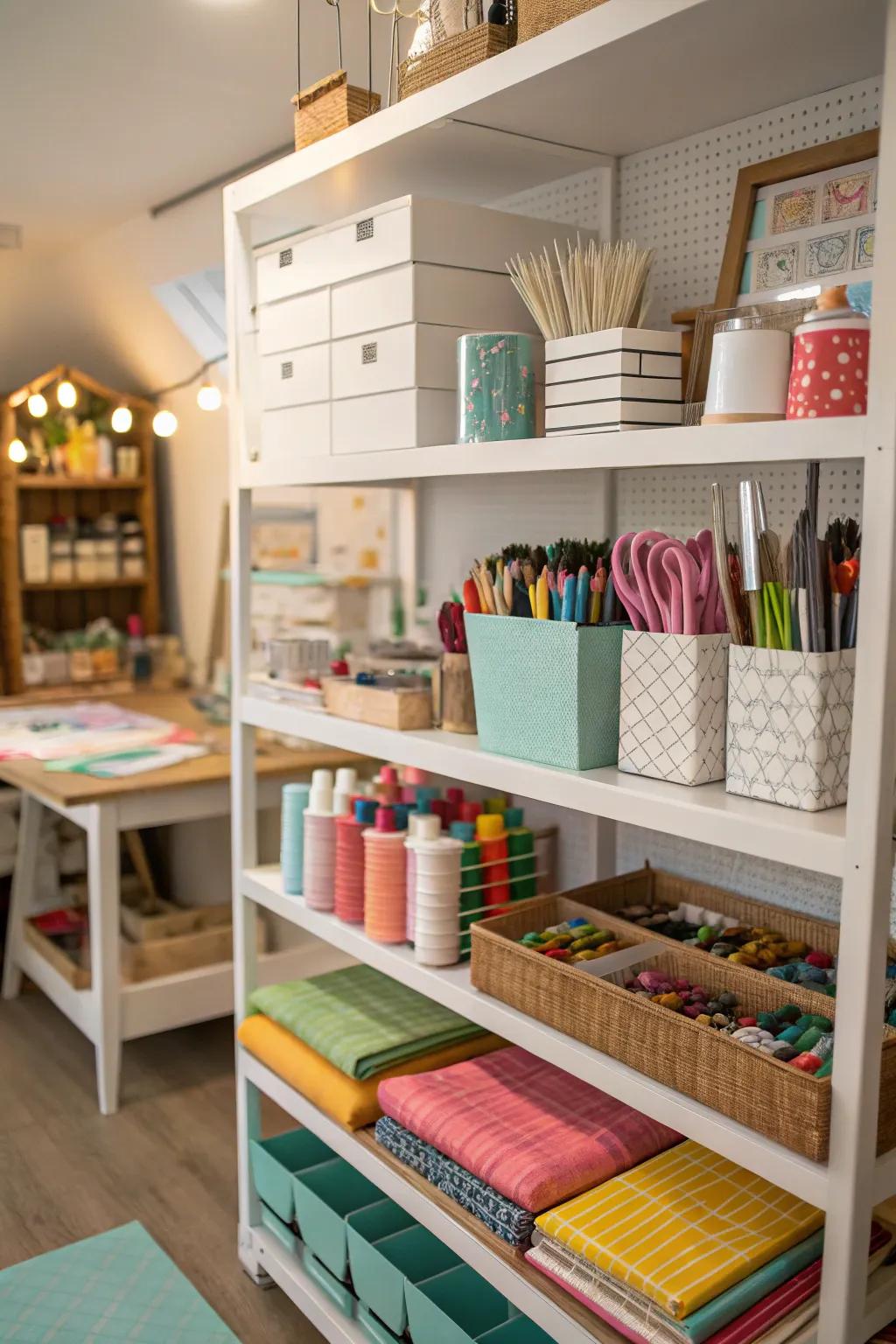 Multi-level shelving adds dimension and style to craft storage.