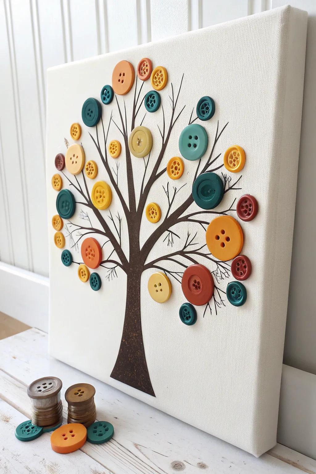 Transform mismatched buttons into a stunning Button Tree Canvas, where simplicity meets creativity in bold, beautiful hues.