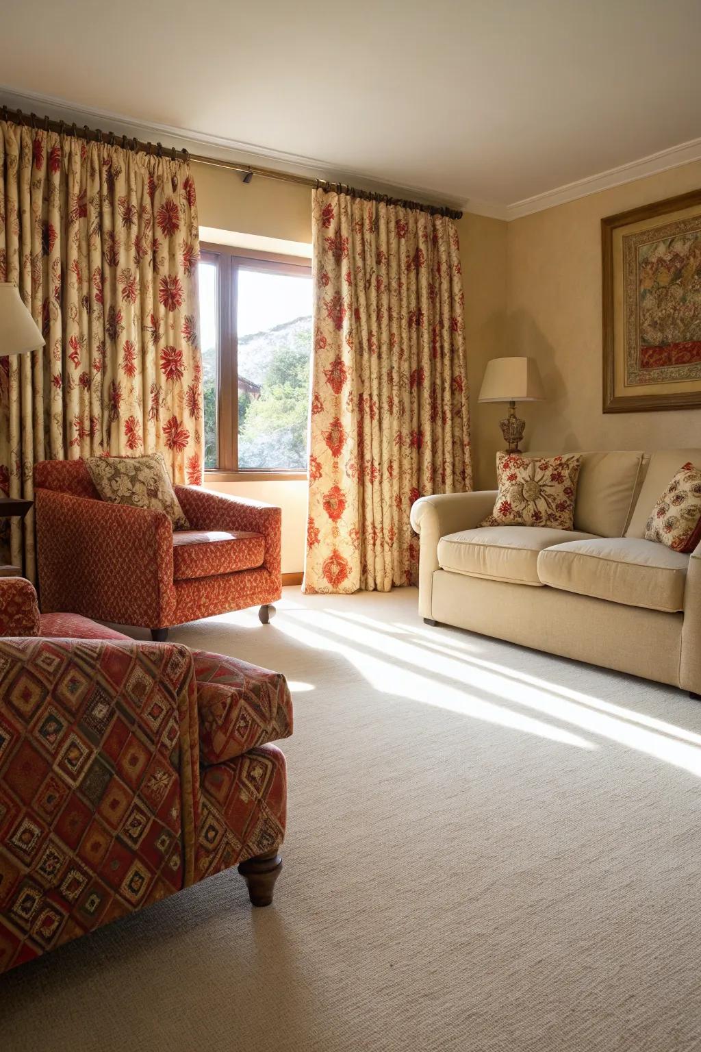 Bold curtains add drama and elevate the look of a cream carpeted room.