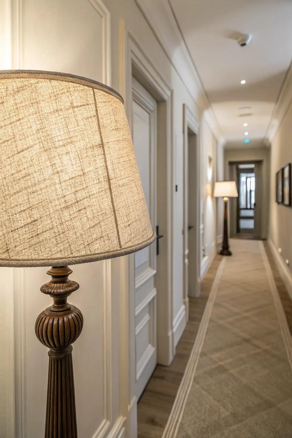 A hallway lamp shade covered with elegant textured cotton fabric.