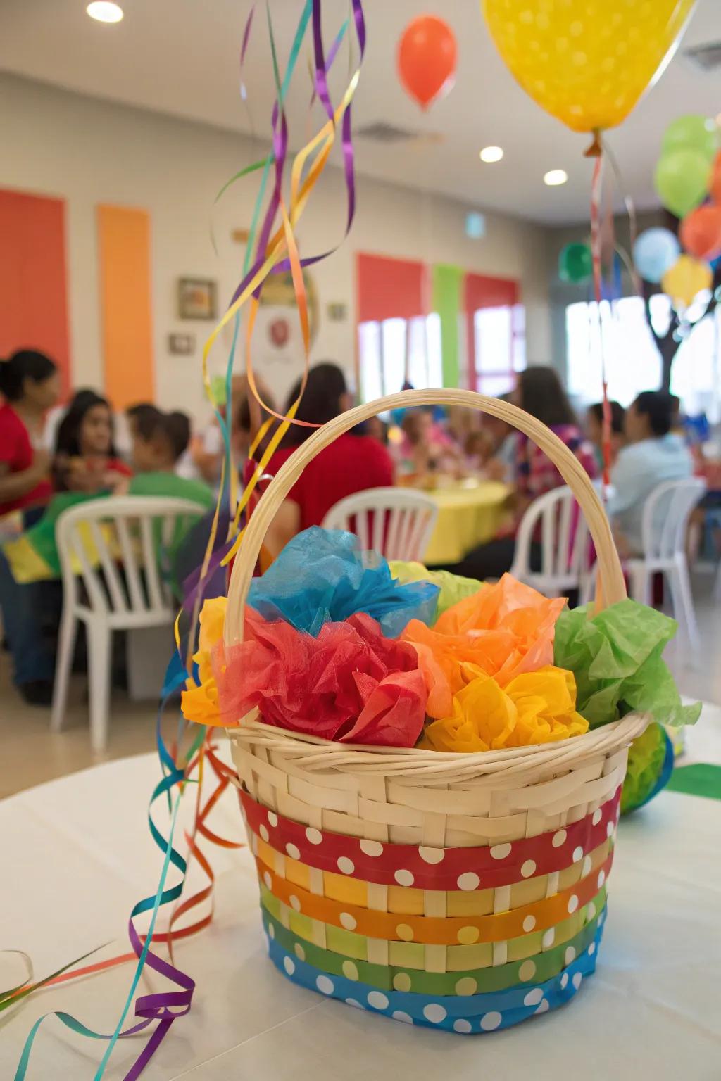 A festive gift basket with colorful tissue paper fanfare.