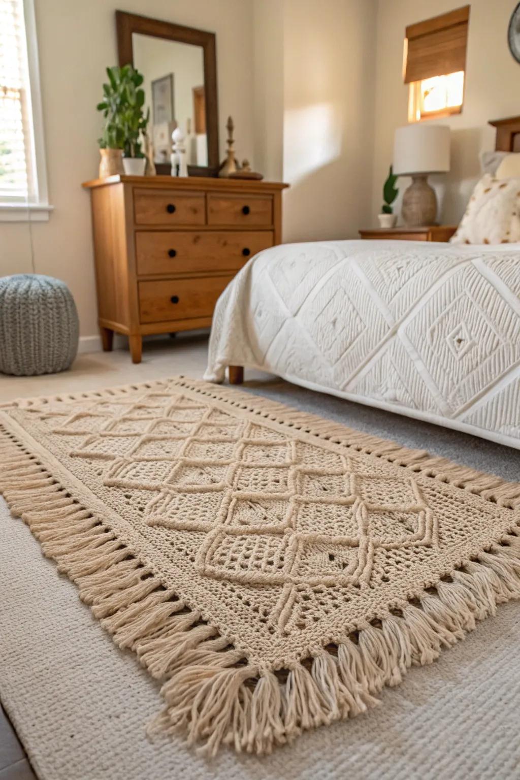 A bedroom featuring a textured fringe crochet rug.