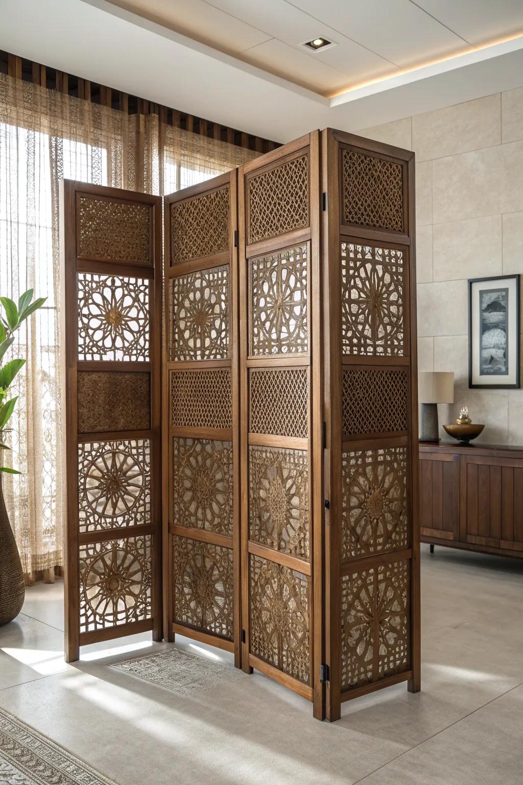 Elevate your space with the elegance of custom woodworking: Discover the beauty of an artistic room divider.