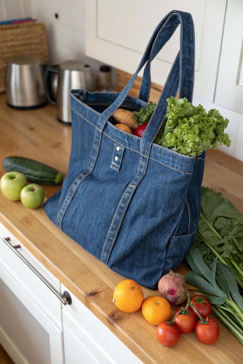 Stylish and durable, a tote bag crafted from old jeans.