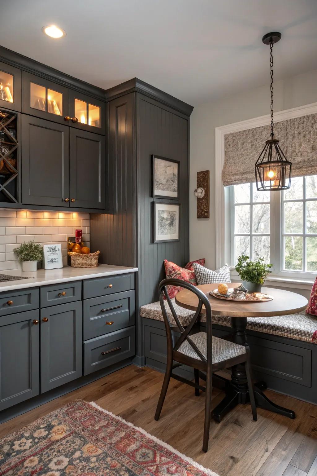 Create a cozy nook with dark gray cabinets for casual dining.