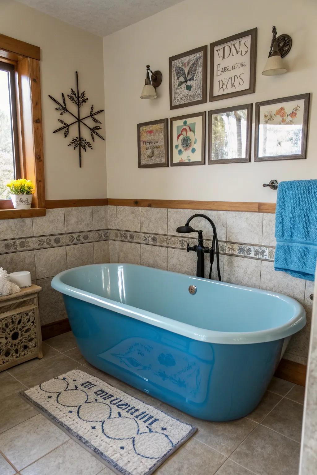 Personalized art adds a unique touch to a bathroom with a blue bathtub.