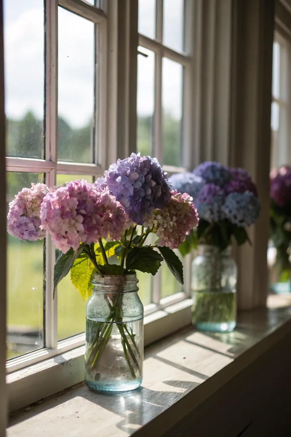 Hydrangea-filled mason jars create a rustic charm.