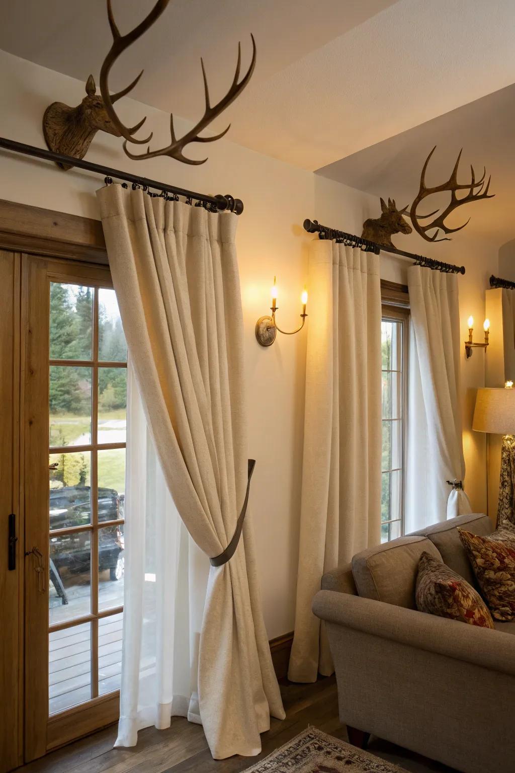 Incorporate nature into your window treatments with antler drapery holders.