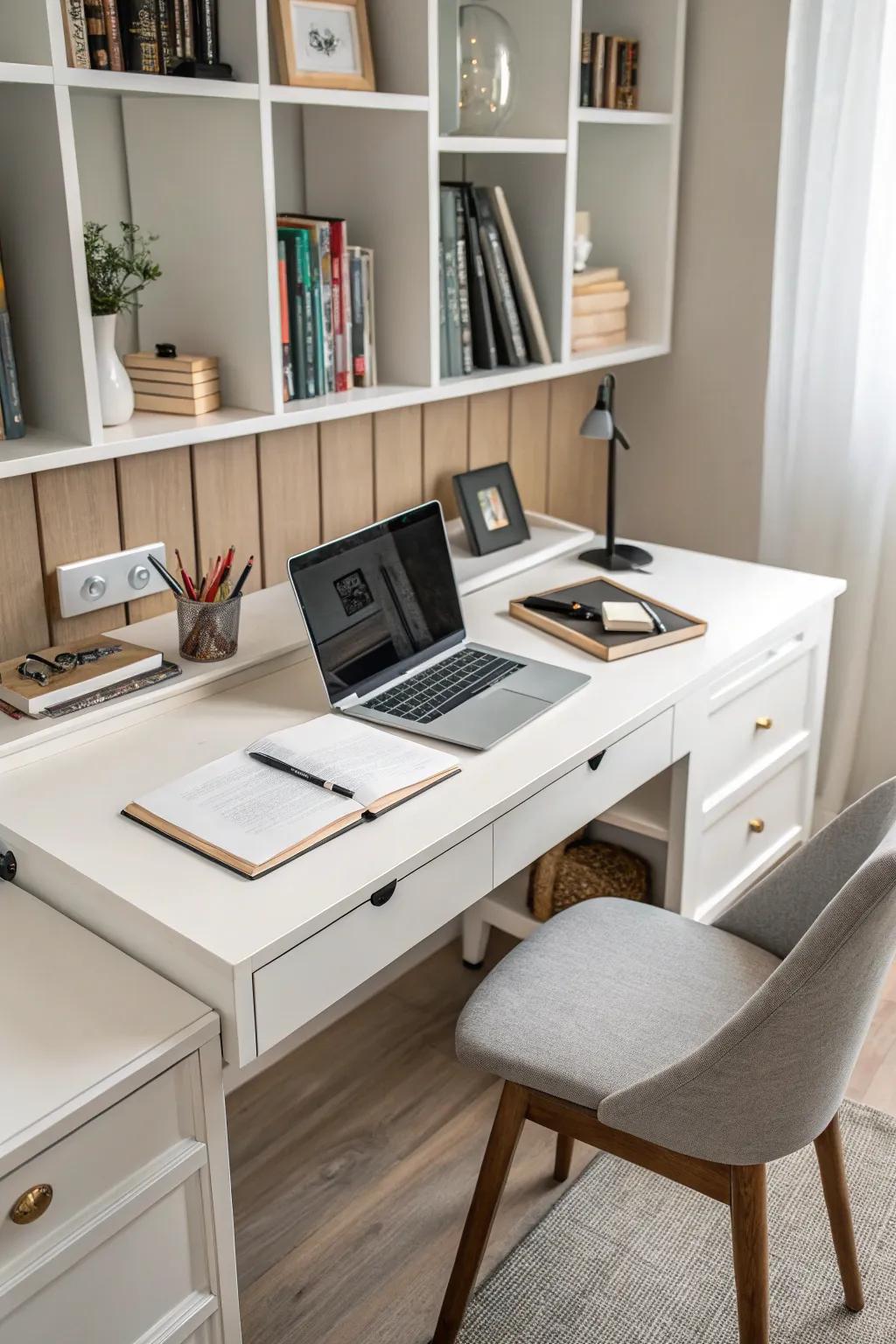 A desk with integrated storage to help keep the workspace tidy.