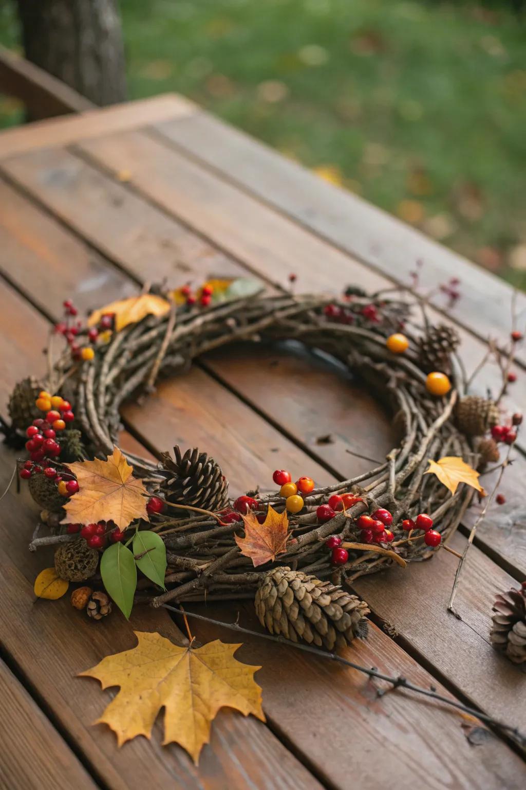 Earthy and natural, a wreath made from nature's bounty.