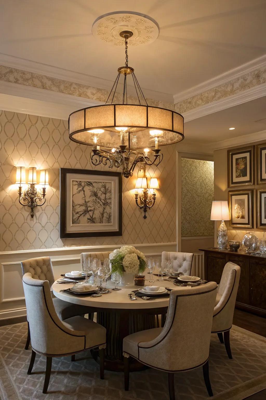 Layered lighting creates versatile ambiance in the dining room.