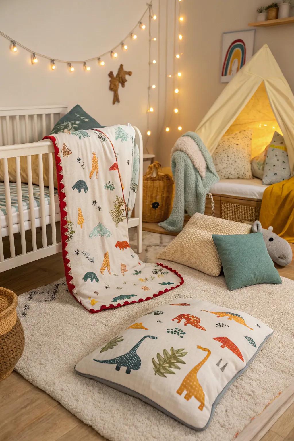 Cozy textiles with dinosaur patterns add warmth to this nursery.