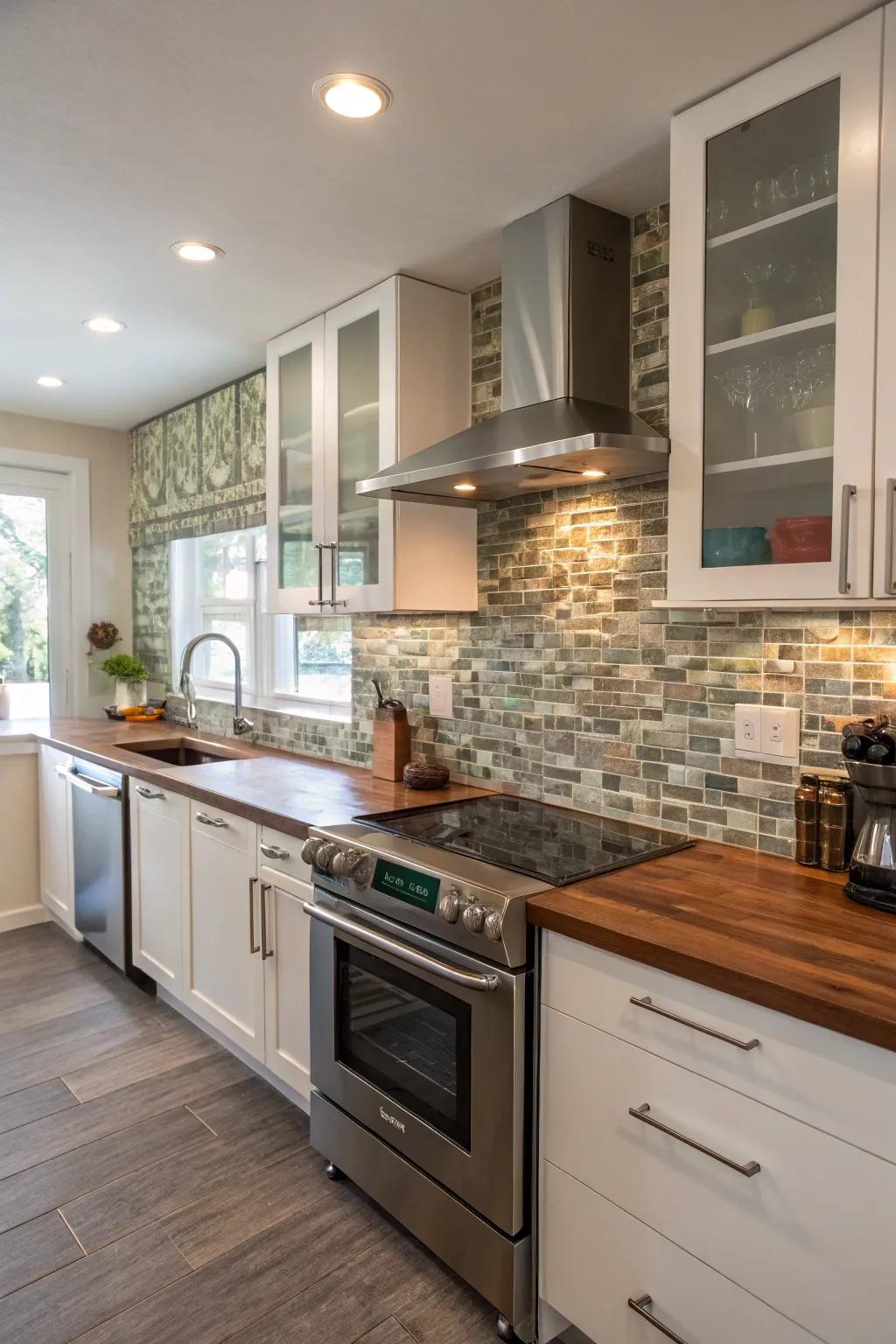 A mix of glass tiles elevates your kitchen design affordably.