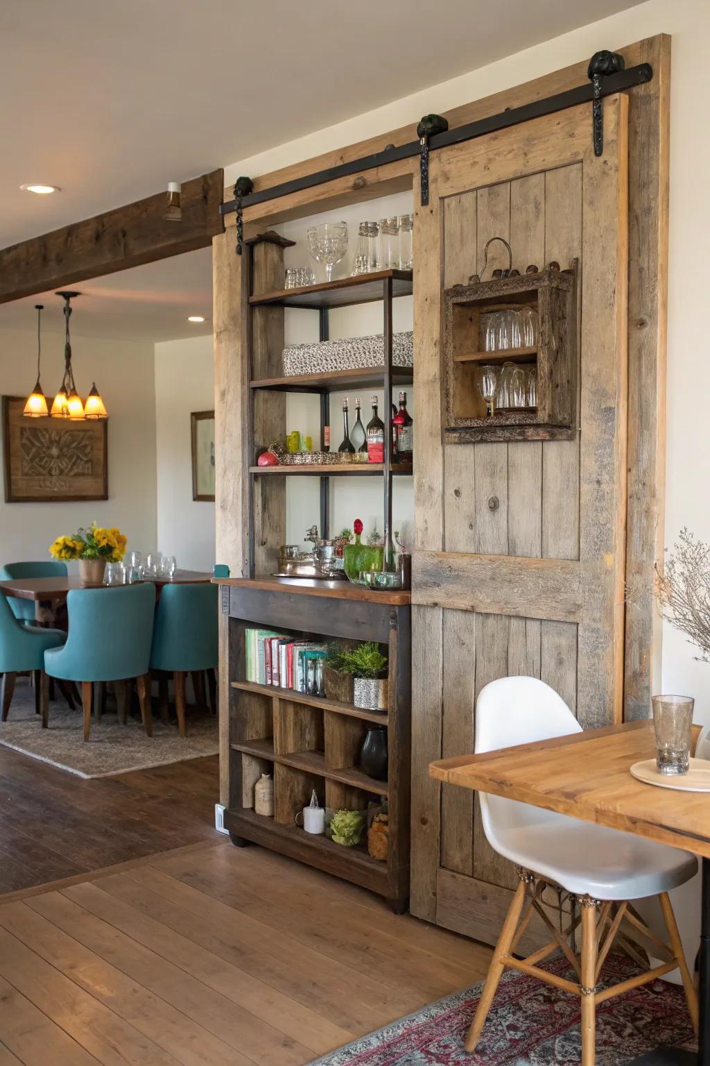 A rustic repurposed door bar that showcases creativity and sustainability.