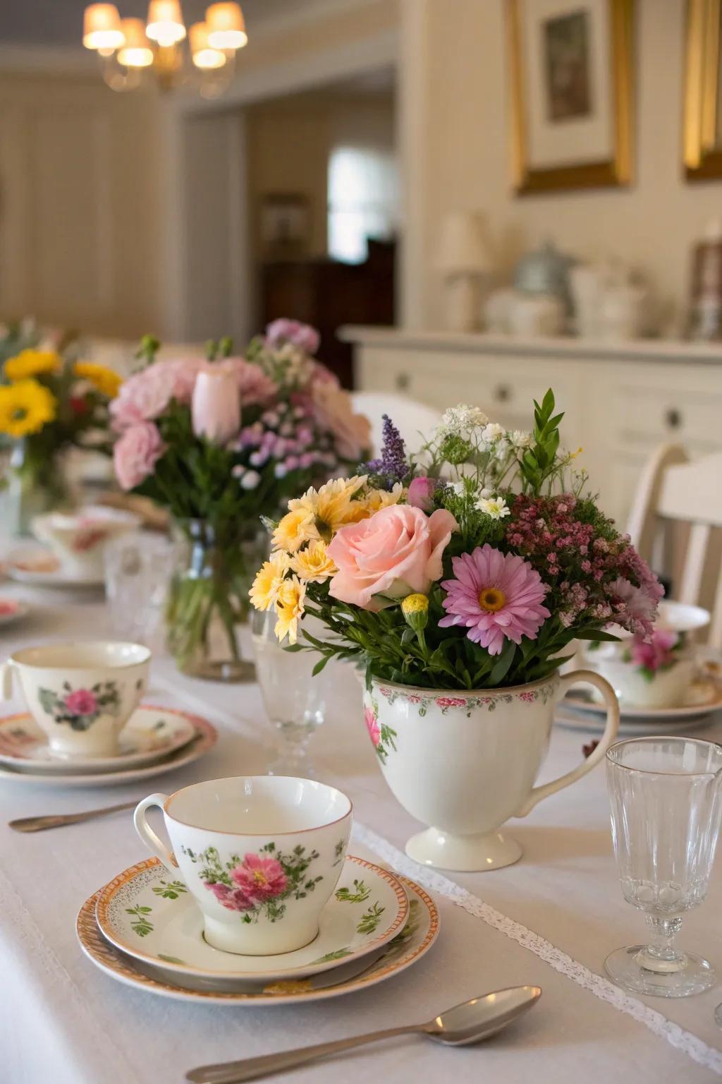 Elegant vintage tea cup flower centerpiece