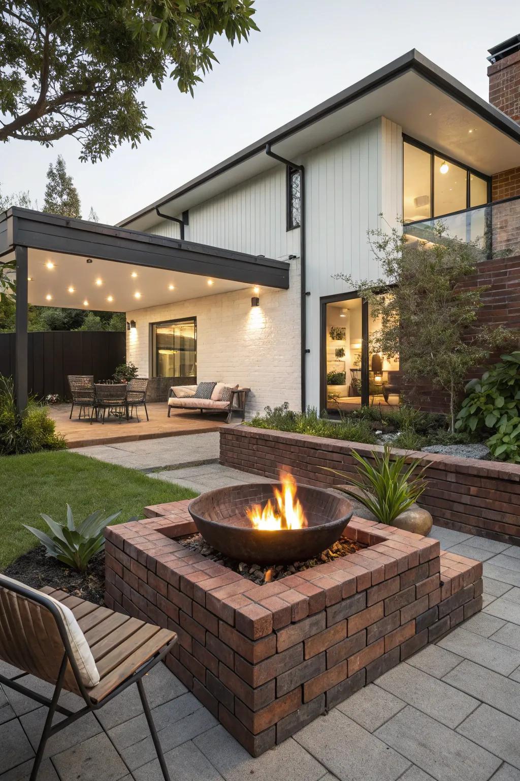 A fire pit bowl adds a modern and organized touch to this setup.