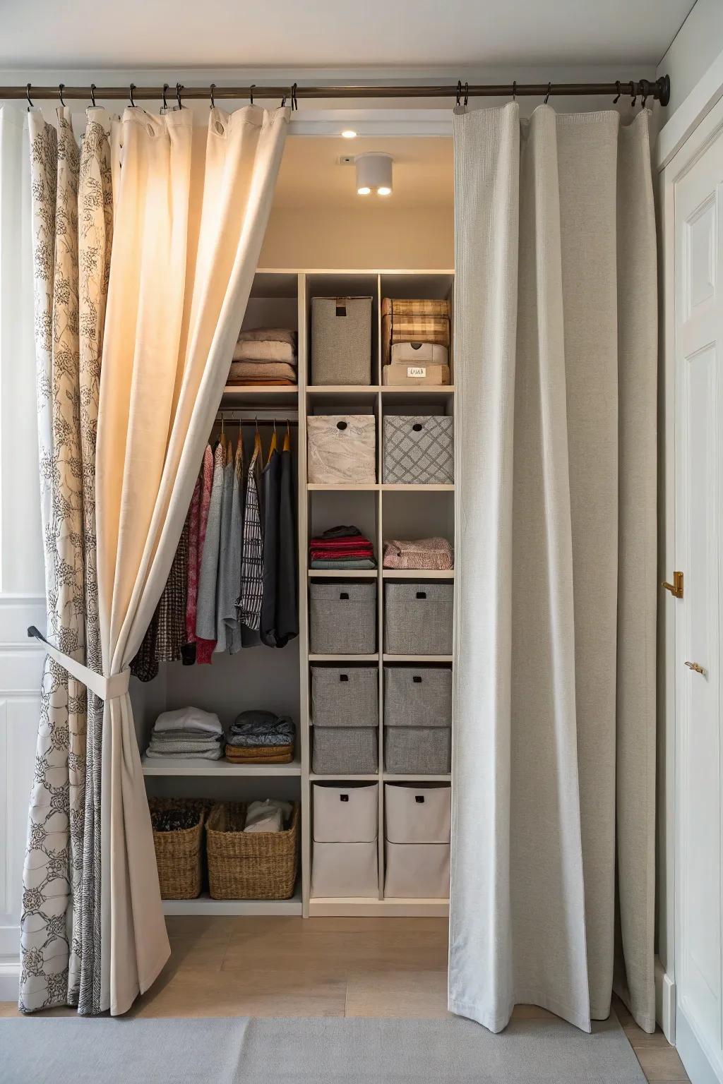 Curtains offer a flexible and attractive way to conceal closet contents.