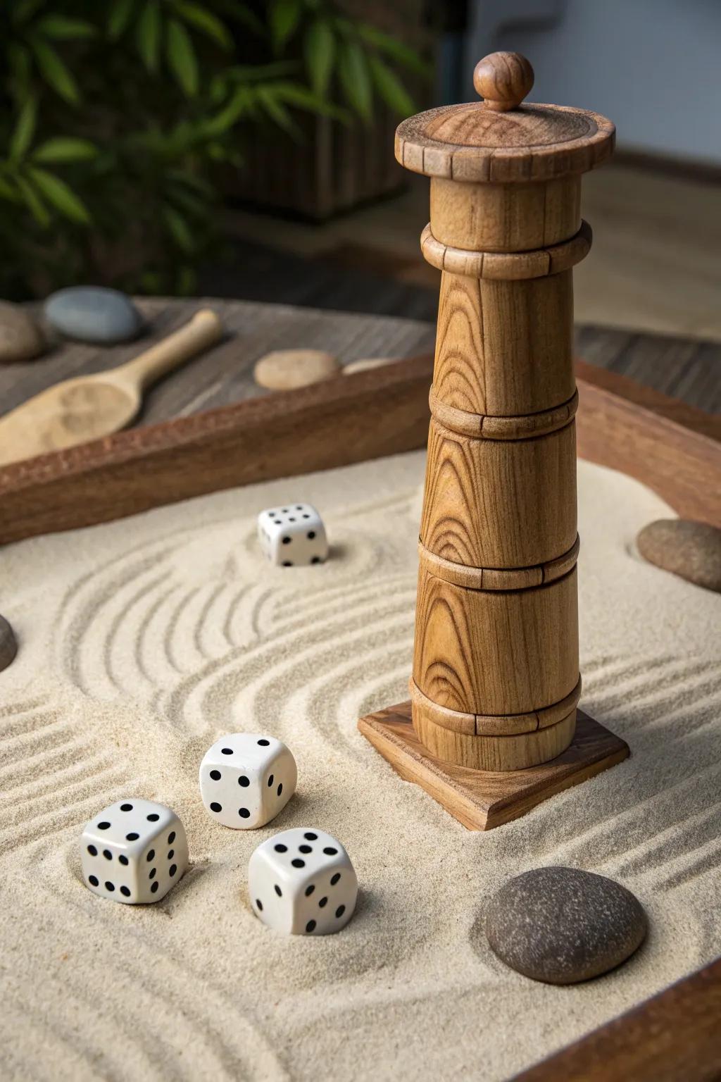 Roll into serenity with this Zen Garden Dice Tower.