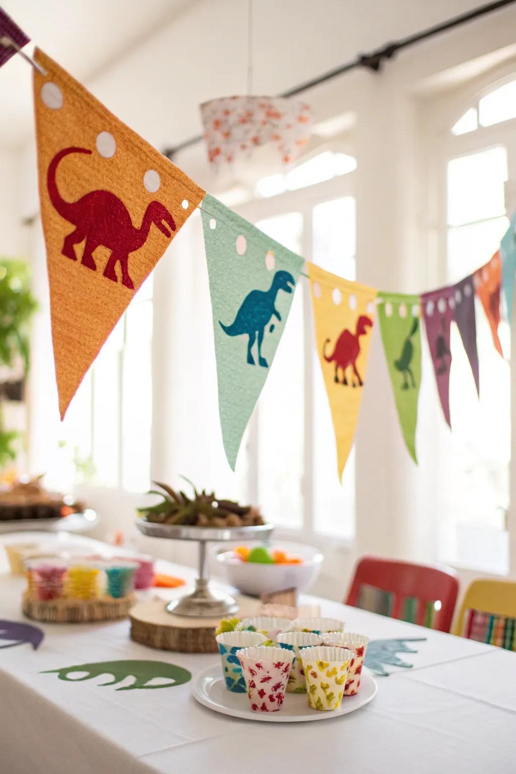 Add cheer to your decor with a colorful dino bunting centerpiece.