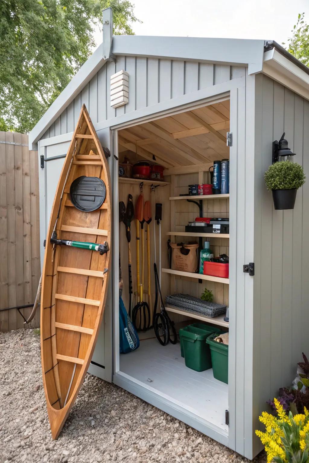 Use a garden shed for protective canoe storage.