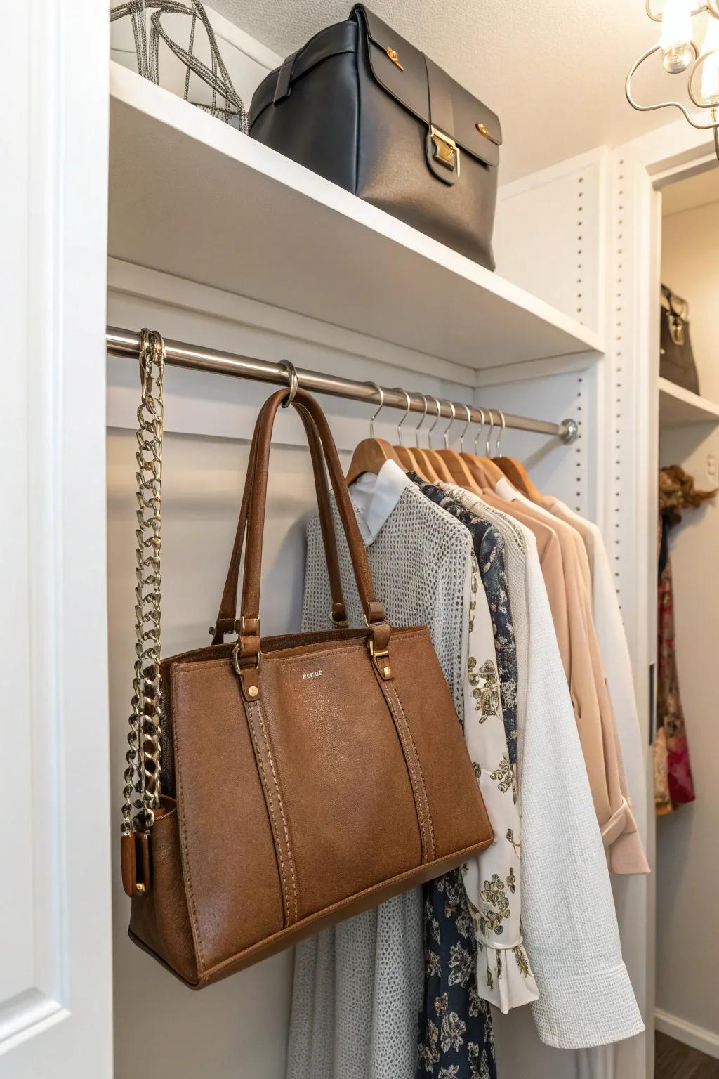 Hooks for hanging bags maximize space and maintain a neat closet.