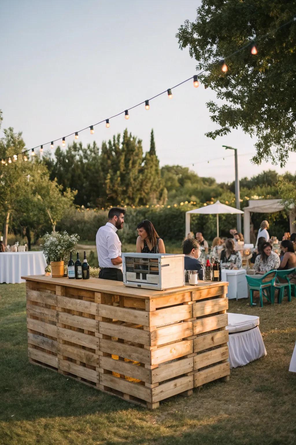 A pallet bar with a built-in cooler, keeping drinks cold and guests happy.