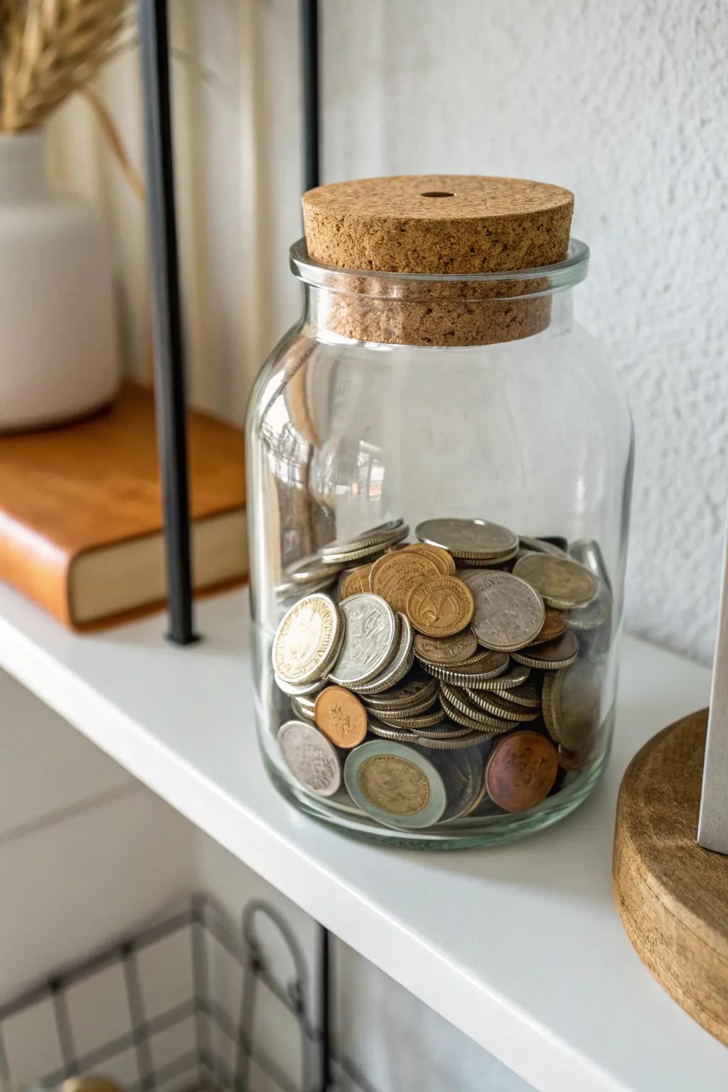 Elegant glass jar piggy bank.