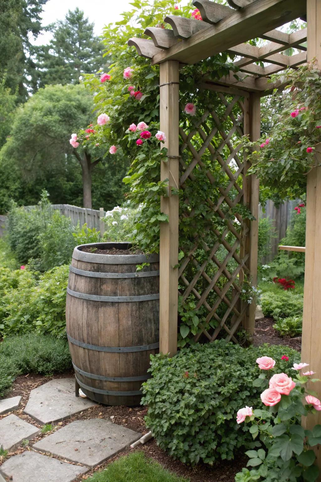 A decorative trellis transforms a rain barrel into a lush garden feature.