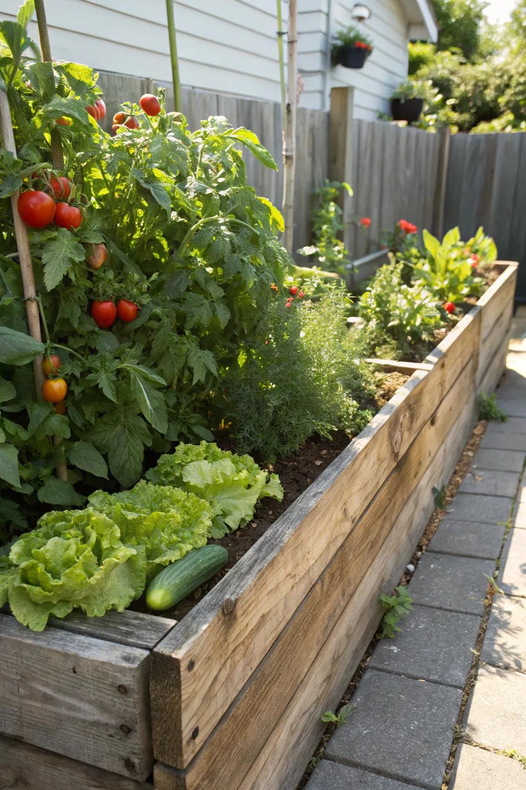 An eco-friendly garden bed using reclaimed wood.