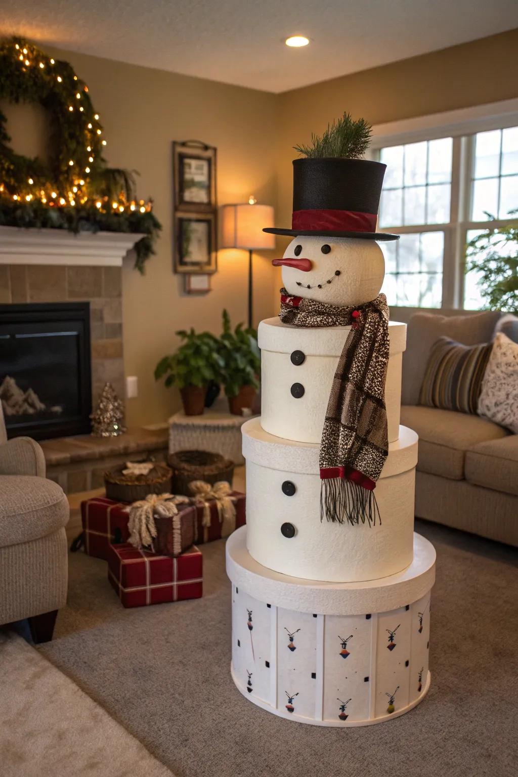 Elegant and chic, this hat box snowman is perfect for indoor decor.