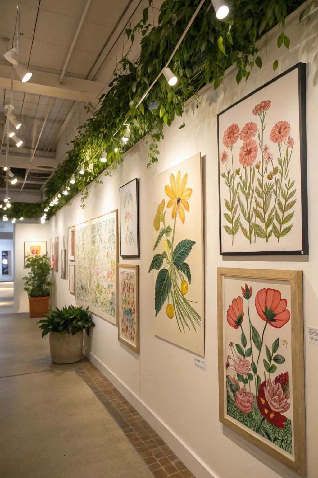 A gallery wall with spring art creates a lively and artistic ambiance.