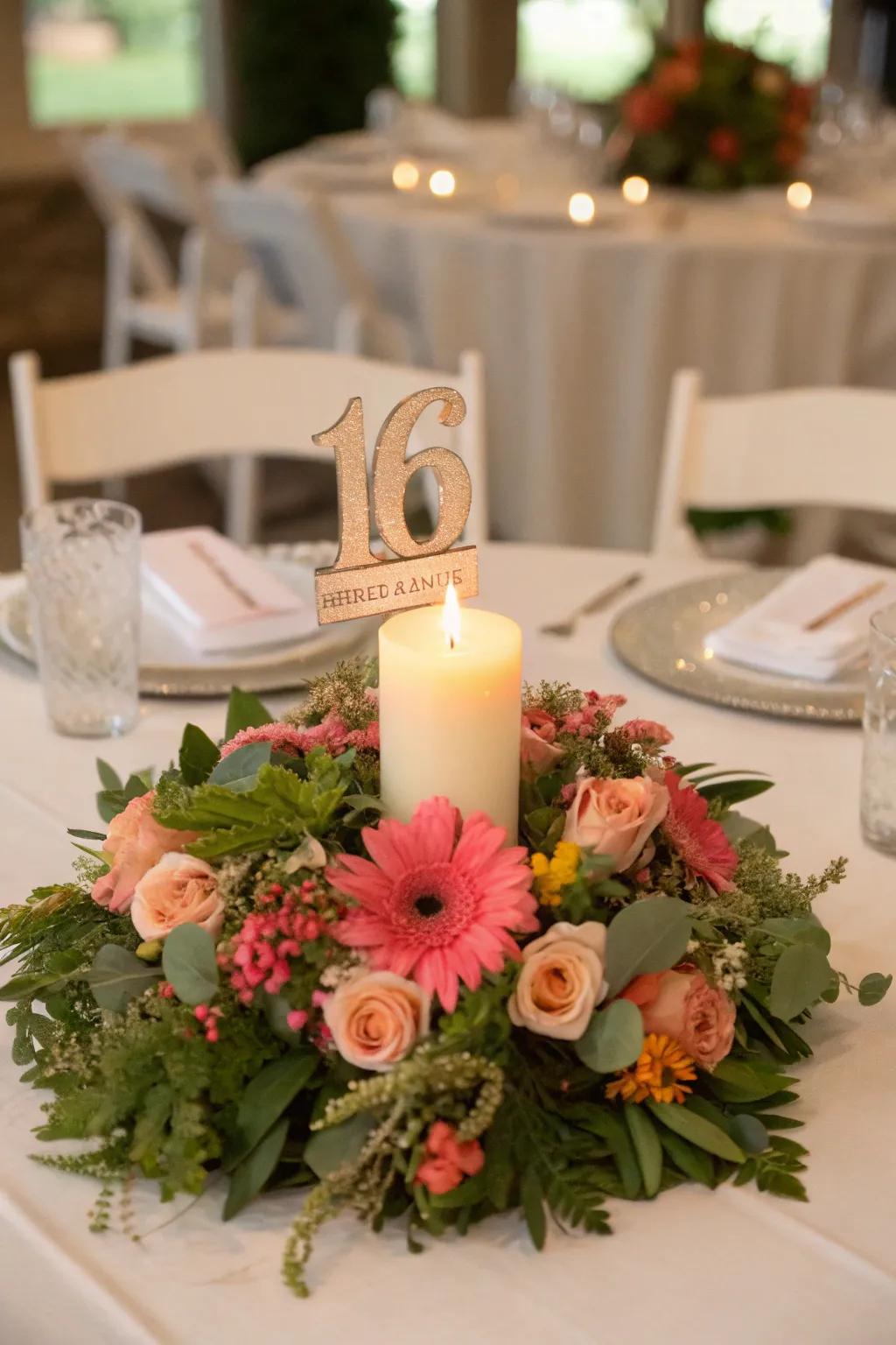 A floral wreath with a candle creates a warm and artistic centerpiece.